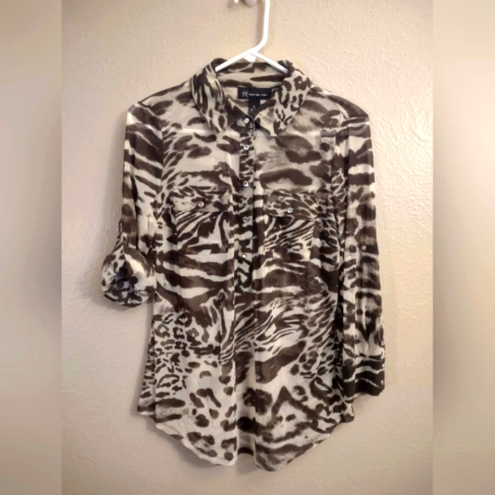 INC Black Gray Animal Print Sheer Blouse. Rhinestone Button Pockets